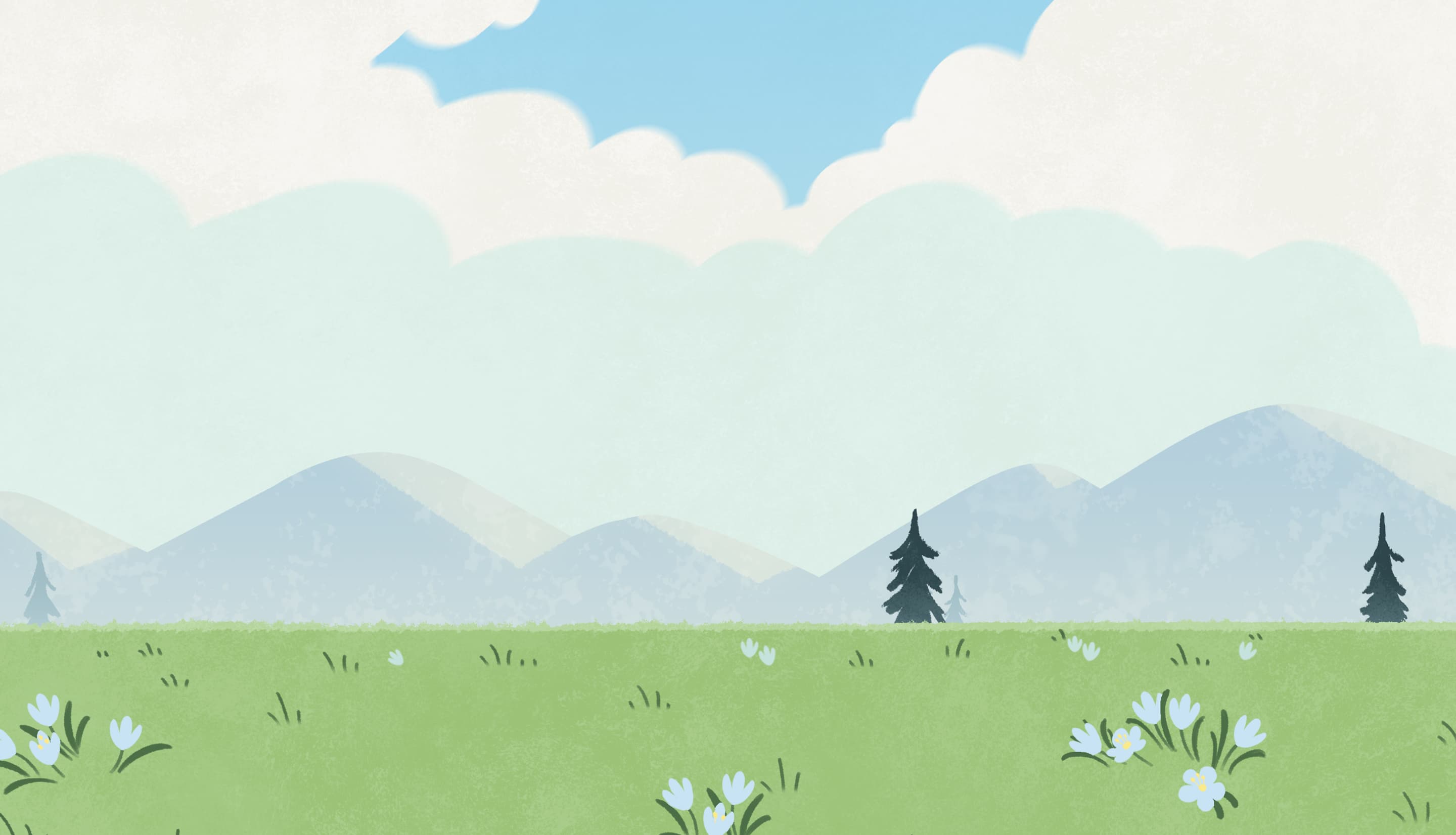 scenic landscape with blue sky, clouds, mountains and flowery field